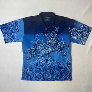 Urban Rags NYC Dragon Shirt Mens Blue Short Sleeve‎ Button Up Y2K